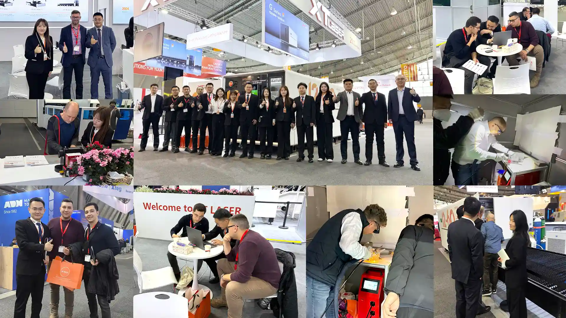 photos of XTLaser team members engaging with international clients and partners at the booth
